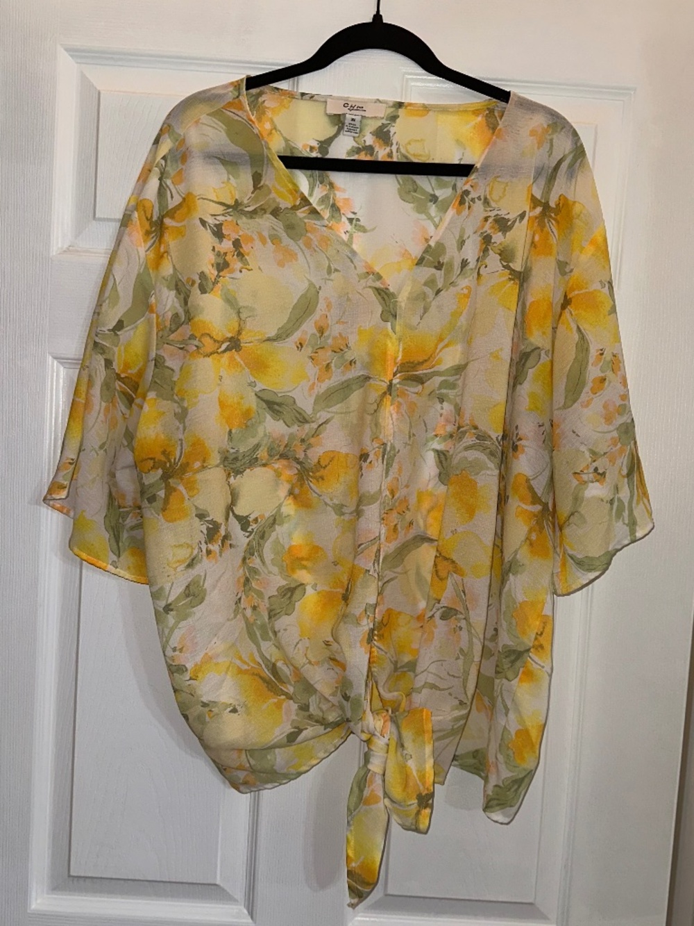 C by One Floral Tie Front Kimono Blouse Yellow Green 3X
